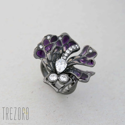Butterfly oxidised sterling silver Ring with enamel and glass inserts and cubic zirconia. Photo 2. 