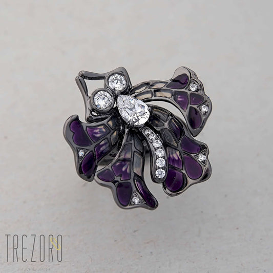 Butterfly oxidised sterling silver Ring with enamel and glass inserts and cubic zirconia. Top view.