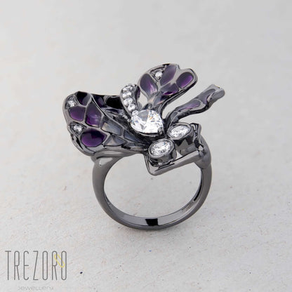 Butterfly oxidised sterling silver Ring with enamel and glass inserts and cubic zirconia.