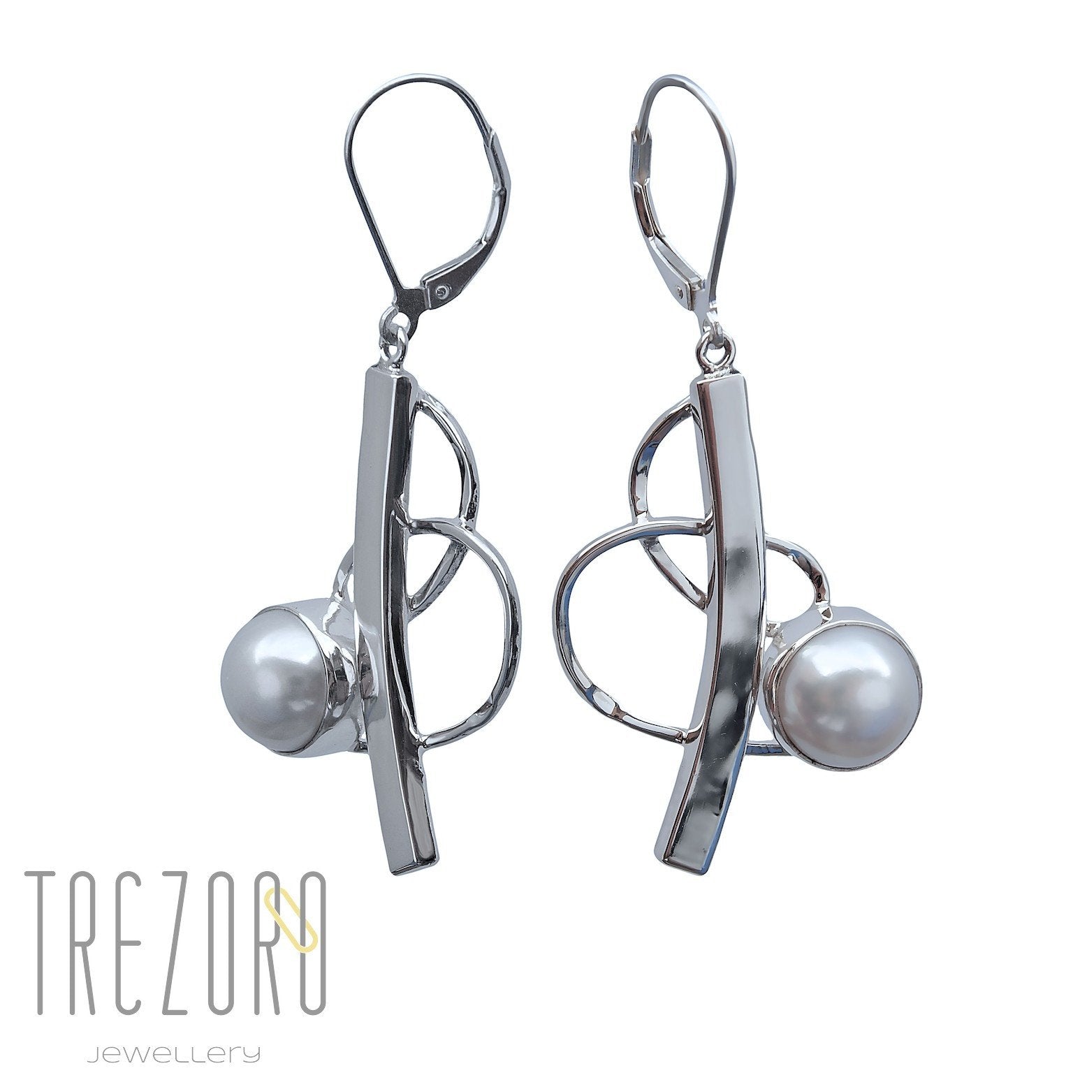 Curved Line and Pearl Earrings - Trezoro Jewellery - 1