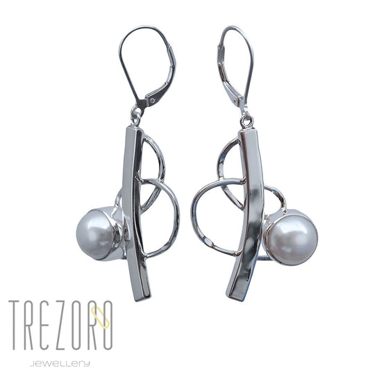 Curved Line and Pearl Earrings - Trezoro Jewellery - 1