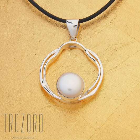 Curved Line in a Circle and Pearl Pendant - Trezoro Jewellery - 3